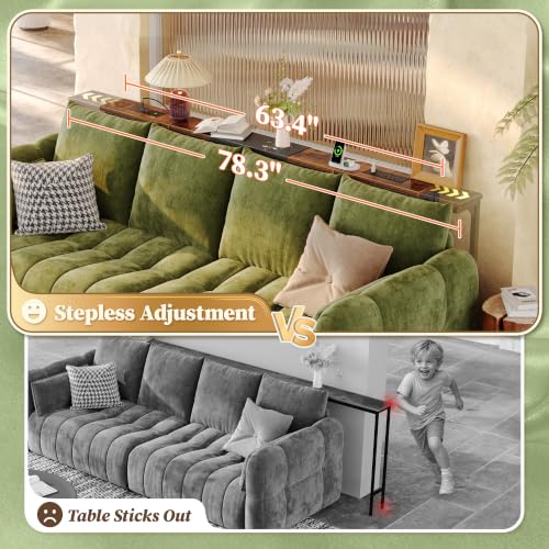 Huuger Extendable Behind Couch Table with Outlets, Rustic Brown 63.4-78.3"