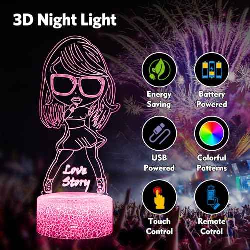 3D Night Light Gifts: Fans Merch, Table Lamp with Remote Control and Smart Touch, Singer Gifts for Girls Room Decor Music Party Birthday Christmas