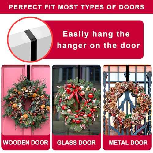 2 Pack 15" Black Wreath Hanger for Front Door, Metal Wreath Hooks Holder Over The Door Wreath Hanger for Hanging Christmas Decorations Xmas Decor