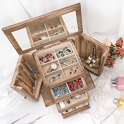 Rustic Brown Jewelry Box for Women, 4-Layer Wooden Organizer with Mirror