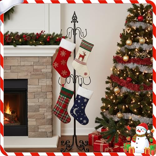 56-Inch Black Metal Christmas Stocking Holder Stand with 8 Adjustable Hooks