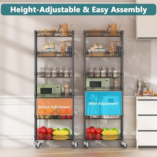 17W x 12D x 63H Black 6-Tier Rolling Storage Cart with Adjustable Shelves