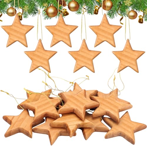 Henoyso 12 Pcs Wooden Star Ornaments - Rustic Christmas Tree Decorations, 2.8 Inches, Wood Grain Variation
