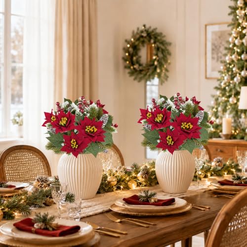 ZYZEV Red Poinsettias Artificial Christmas Flowers Bouquet - 2 Pack