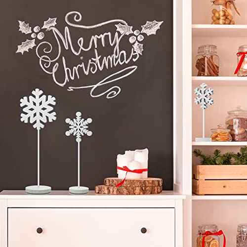 BBTO 3 Pcs Christmas Snowflake Table Decorations Tall Standing Snowflake Wood Sign Block Winter Wooden Xmas Standing Table Sign Christmas Fireplace Decoration for Xmas Party