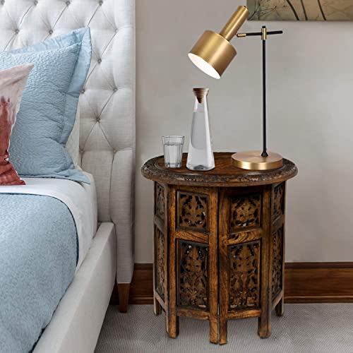 Antique Brown 18-inch Hand-Carved Wooden End Table | Folding Accent Side Table