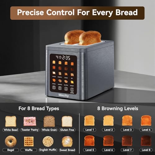 Mecity 2 Slot Smart Touchscreen Toaster - Brushed Stainless Steel Gray, Wide Slot, Auto Lift & Memory Function