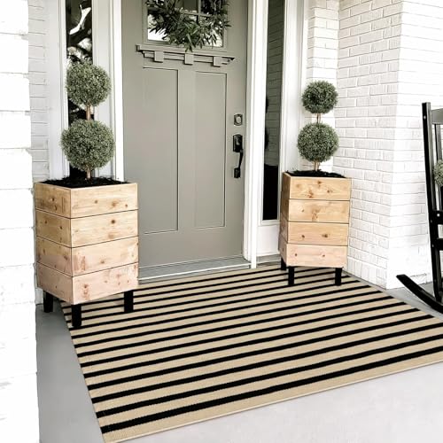 Outdoor Washable Rug 3x5 Feet Black and Tan Striped Porch Rug - Waterproof, Indoor/Outdoor