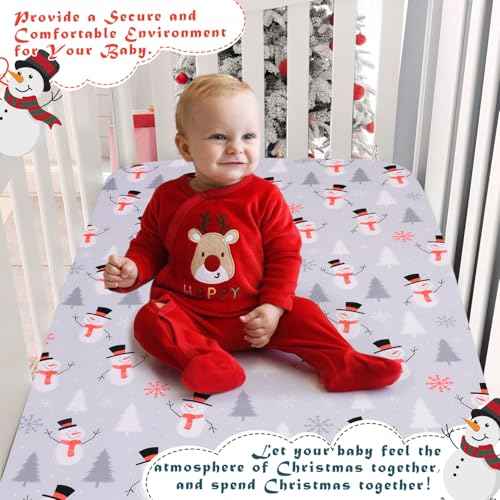 Christmas Crib Sheet, Fitted Crib Sheet with Christmas Snowman, Snowflake, Pine Tree, Measuring 52'' x 28'' to fit Standard Crib & Toddler Mattresses, Gray