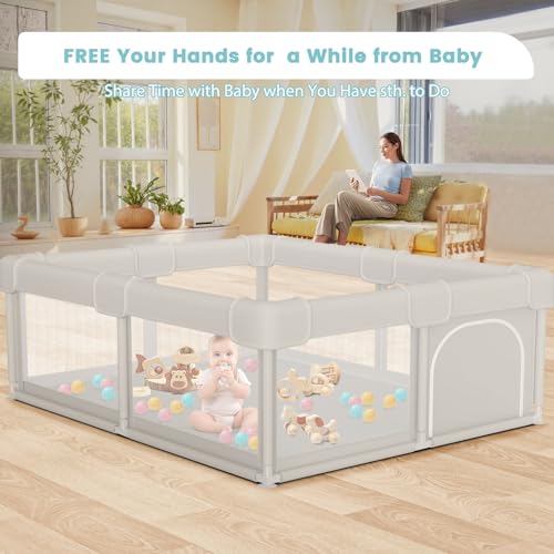 Baby Playpen 50x50x27 Inches with Gate - Grey, No Mat, Safe Indoor & Outdoor Play Area