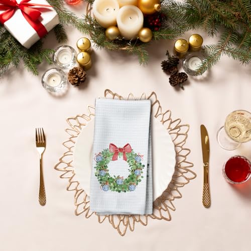 White Chinoiserie Christmas Kitchen Towels 16x24in - Coquette Red Bow Wreath Hand Towels