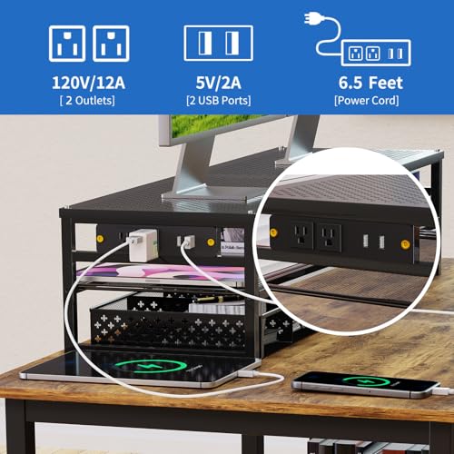 Dual Monitor Stand with USB Ports and Drawer Storage - Black
