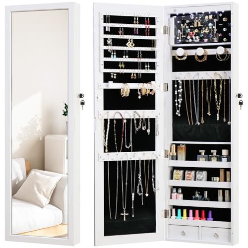 Off White LED Mirror Jewelry Armoire Door Wall Mount with Storage & Drawers