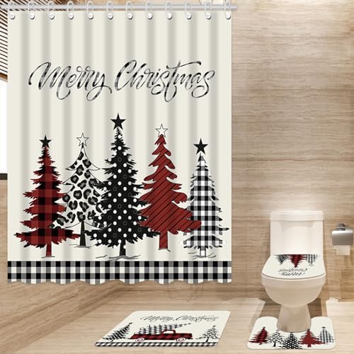 Capoda Plaid 4-Piece Merry Christmas Bath Set: Shower Curtain, 12 Hooks, Non-Slip Rug, Toilet Lid Cover & U-Shape Mat