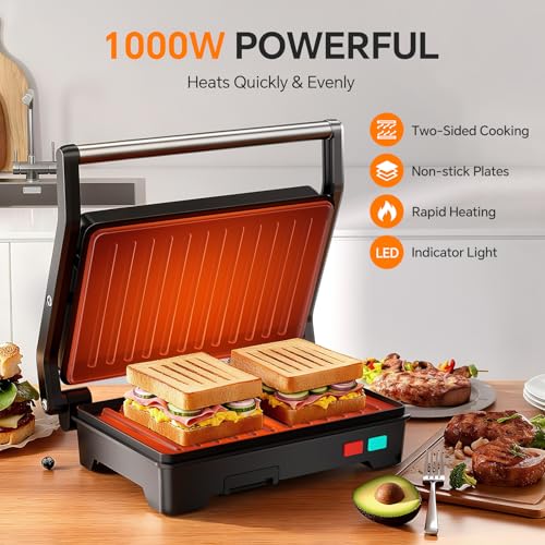 Novalife Black 3-in-1 Panini Press Grill, 1000W Electric Sandwich Maker with Non-Stick Plates, Opens 180°, Removable Drip Tray