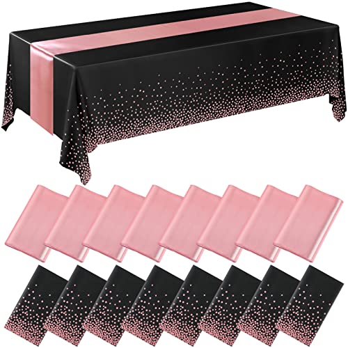 Tudomro Black and Rose Gold Plastic Tablecloths & Satin Runner Set - 16 Pack for Weddings & Parties