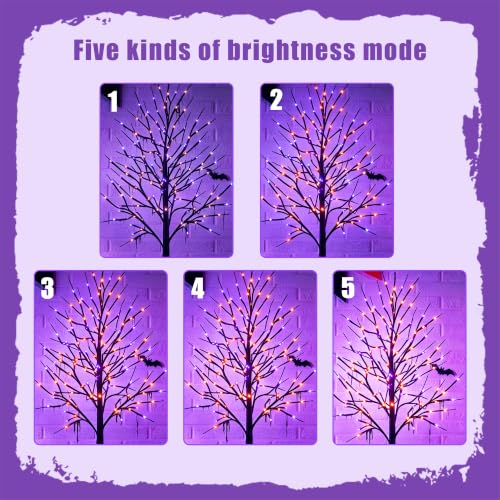 6FT Halloween Lighted Black Birch Tree with Purple & Orange LED Lights, Waterproof Indoor Outdoor Spooky Tree with Timer