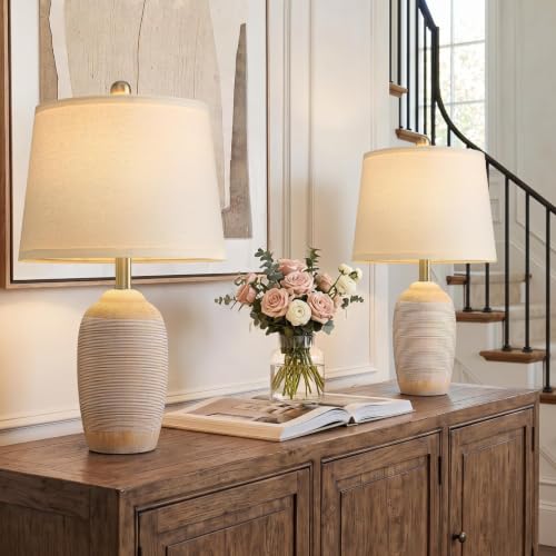 Vintage Ceramic Table Lamps Set of 2 - 21 Inch Beige for Bedroom & Living Room