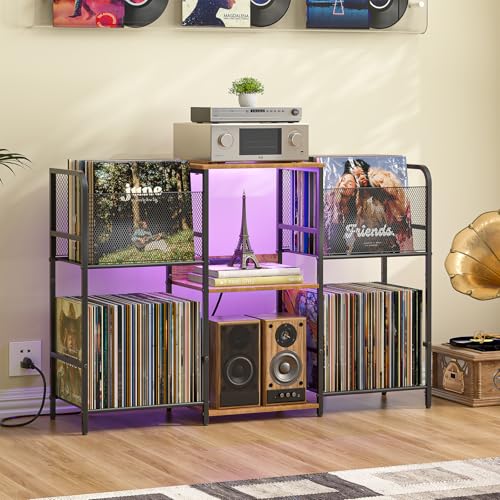 Record Player Stand with Power Outlet & LED Light, Vinyl Storage, Turntable Shelf