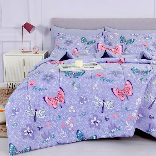 Kids Twin Comforter Set Butterfly Purple Bedding for Girls - 6 Pieces