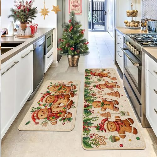 Baccessor Christmas Gingerbread Kitchen Rugs Set of 2 17x29 and 17x47 Non-Slip Mats
