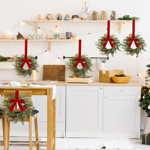 Aneco 6 Pcs Small Christmas Norfolk Wreaths with Red Velvet Bows - Holiday Door & Window Decor