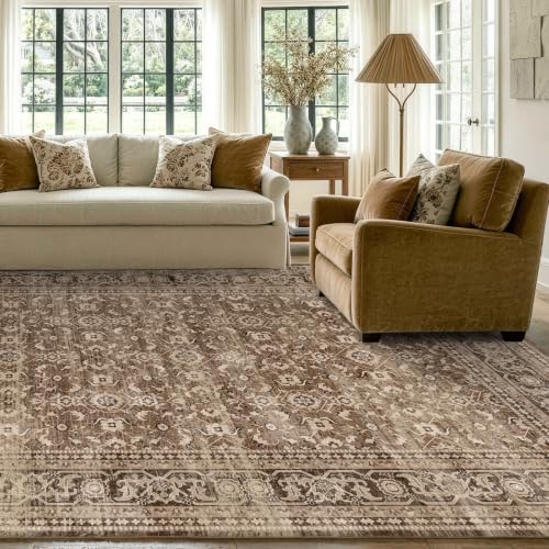 6' x 9' Rectangular Area Rug - Vintage Floral Design, Non-Slip, Machine Washable, Brown