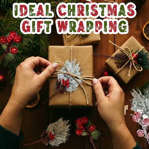 Retrowavy 56-Piece Christmas Floral Picks Set with 8 Styles, Snowy Red & White Berries
