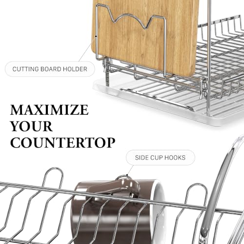 Stainless Steel Dish Rack with Drainboard and Cutlery Basket - Chrome - 2-Tier