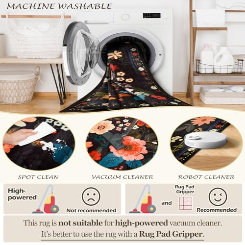 RELEANY Black Floral Washable 6x9 Area Rug - Non-Slip Boho Living Room Carpet