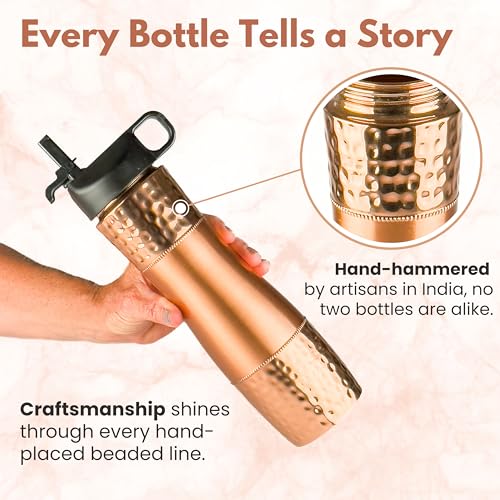 Copper Water Bottle with Straw & Sports Lid - Black Lid, 33.5oz / 950ml