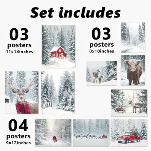 Whaline 10 Pcs Christmas Wall Art Wall Decor Prints Retro Winter Snowy Forest Scene Unframed Pictures Decorations for Xmas Holiday Home Living Room Bedroom Decor Gifts