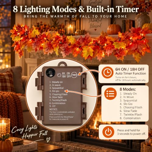 2 Pack Battery Operated Fall Garland with Lights 9.8FT Orange Leaves & 8 Lighting Modes