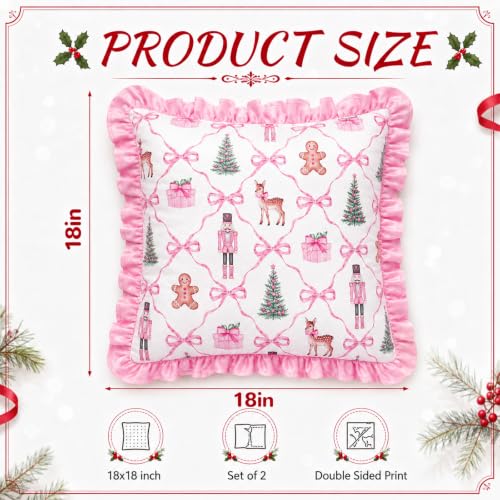 Irenare 2Pcs Pink Christmas Pillow Covers 18x18 Inch – Coquette Ruffle Xmas Decor