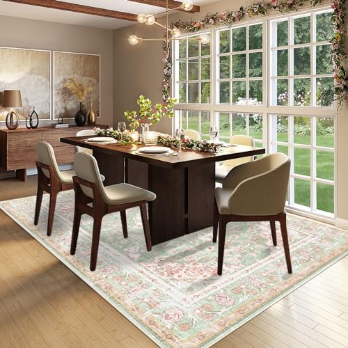 Vhong Washable Area Rug 5x7 Green and Pink Boho Vintage Modern Large Carpet for Living Room and Dining Room - Non Slip