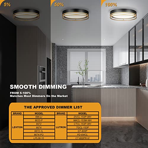 Flynix 12.5 Inch Black Gold LED Flush Mount Ceiling Light Dimmable 26W 1700 Lumens