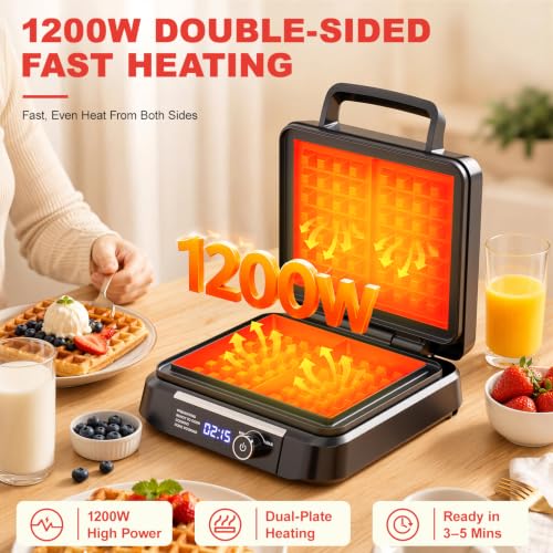 Silver Waffle Maker with 8 Browning Levels & Digital Timer - Smart LED Display