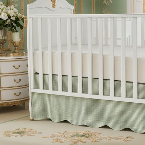 Sage Green Gingham Scallop Edge Cotton Crib Skirt - Baby Boy Girl Nursery Decor