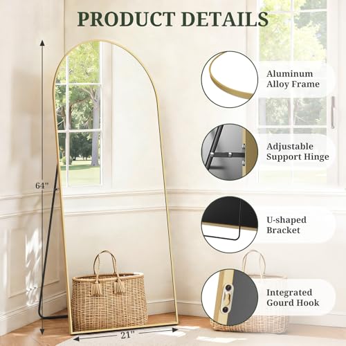 SageNest Matte Gold Full Length Arched Floor Mirror 64x21 with Stand
