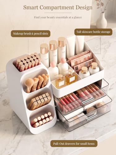 Booklov Large Makeup Organizer with Drawers and Compartments - Crystal White, L01