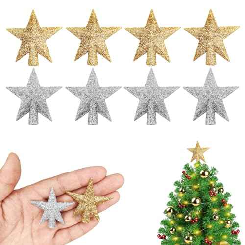 8 Pcs Mini Christmas Tree Topper Mini Star Tree Topper 1.77 Inch Christmas Star Treetop for Small Tree Christmas Holiday Ornaments Decoration (Glitter Gold Silver)