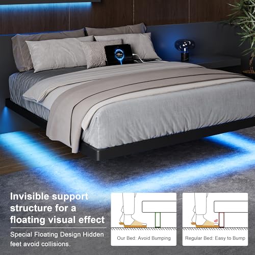 Feonase Full Size Floating Bed Frame with Charging Station and Led