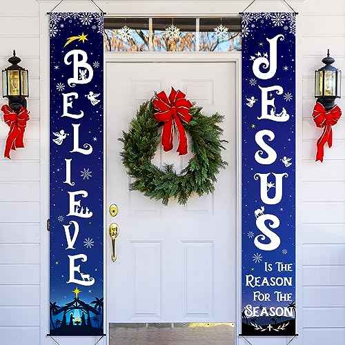 Tiamon Christmas Front Porch Banners Winter Religious Nativity Scene Sign Holiday Hanging Banner Xmas Decoration for Front Door Believe Jesus Is the Reason for the Season 12 x 71 Inch (Snowflake)