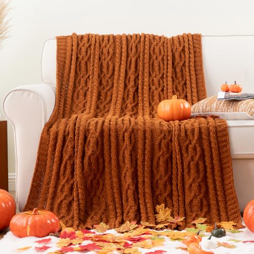 Battilo Caramel Rust Orange Throw Blanket for Couch 51x67 Cable Knit Chenille
