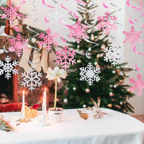 20 Pcs Winter Snowflake Hanging Swirls Decorations - Pink Silver Winter Hanging Ceiling Streamers Glitter Snowflakes Garland for Christmas Winter Wonderland Frozen Party Supplies