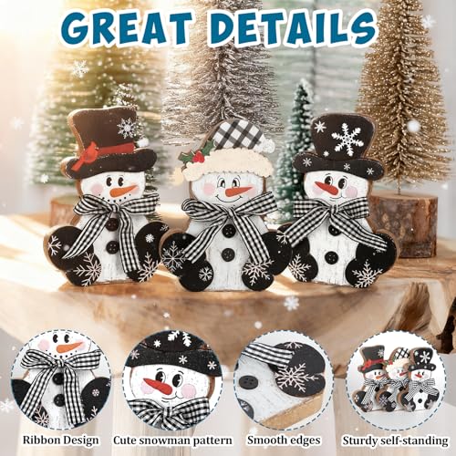 Sealmic 3 Pcs Christmas Wooden Snowman Centerpieces - Large Black & White Rustic Holiday Decor