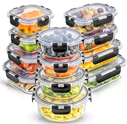 Black 24-Piece Borosilicate Glass Food Storage Containers Set with Lids