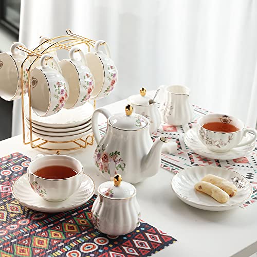 Porcelain Tea Set with Rose Flower Design - 8 OZ Cups & Saucer Service for 6, Includes Teapot Sugar Bowl Creamer & Strainer