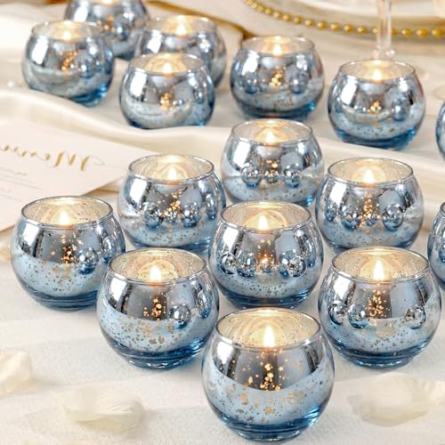LAMORGIFT 24 Pcs Blue Votive Candle Holders - Blue Mercury Glass Centerpieces for Wedding Decor