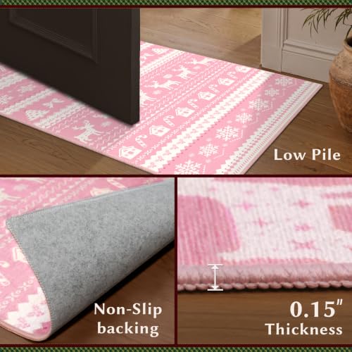 Pink 3x5 Christmas Area Rug with Deer & Tree Design - Washable Holiday Decor